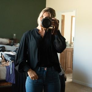 Embroidered Bell Sleeve Black Top